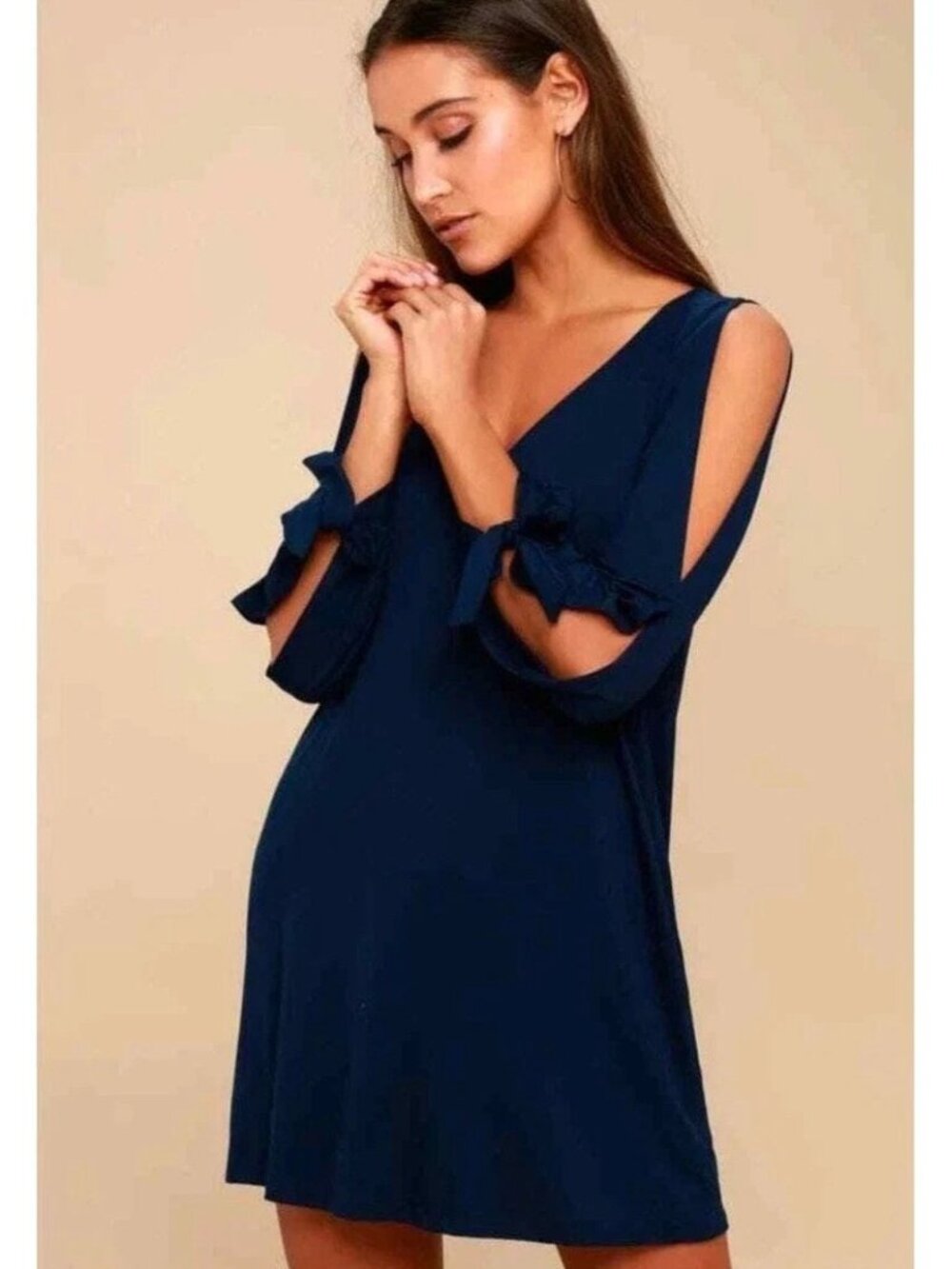 Lulus Glory of Love Shift Dress Blue Cold Shoulder Tie Sleeve NEW